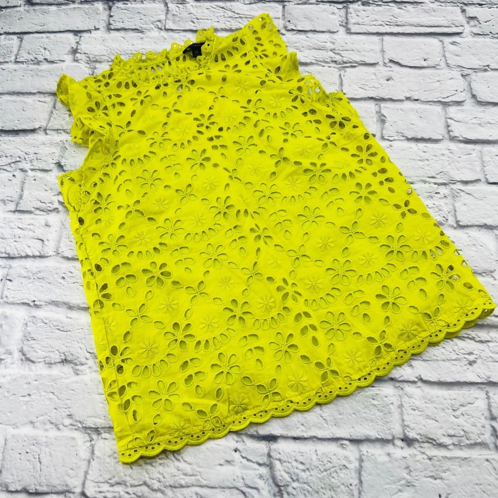 J.Crew Neon Yellow Floral Eyelet Ruffle High Neck Sleeveless Top XS Summer